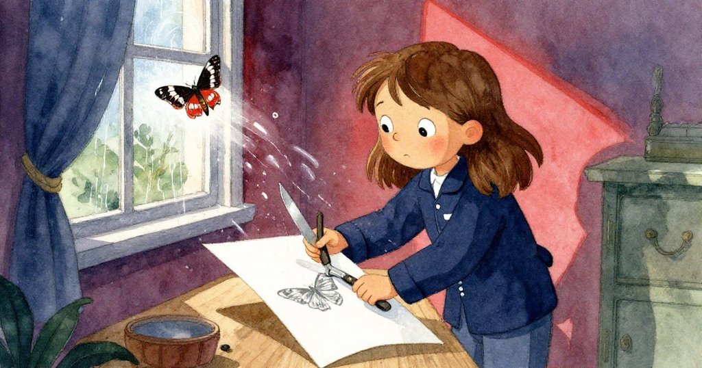 梅布爾專注地用刀片修剪影像中蒼白飛蛾的痕跡，飛蛾在窗外流水間掠動，畫面充滿緊張與決心。