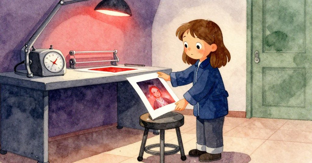 梅布爾將稍顯潮濕的修整影像放入文件夾中，神情平靜滿足，計時器滴答持續，暗室氛圍安靜宜人。