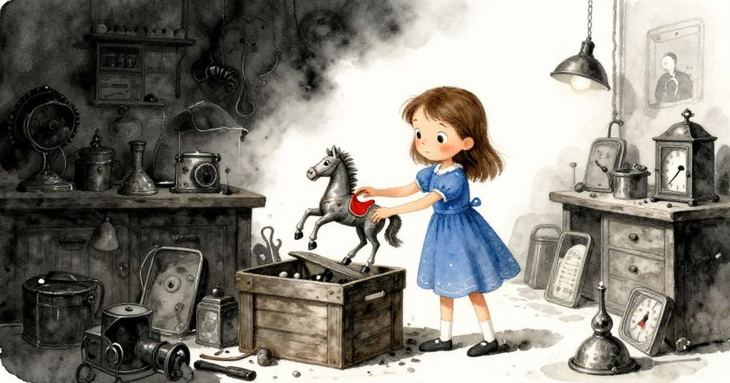 珍珠在陰影交錯的舊修理店中,小心翼翼提起生鏽的小馬,眼中流露出好奇與期待,展開探索之旅。