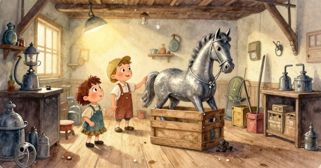 珍珠的手細心銼理玩具馬銅板,金屬屑散落在古舊木板上,質感豐富且充滿專注。