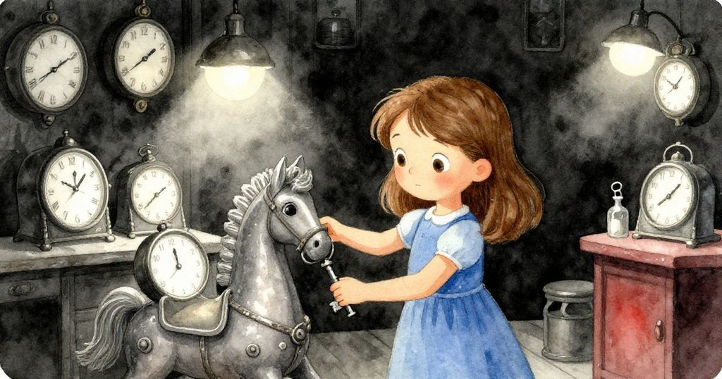 珍珠專注轉動鑰匙,玩具馬動作停頓,老式時鐘與燈具靜默見證過渡瞬間,神情平靜。