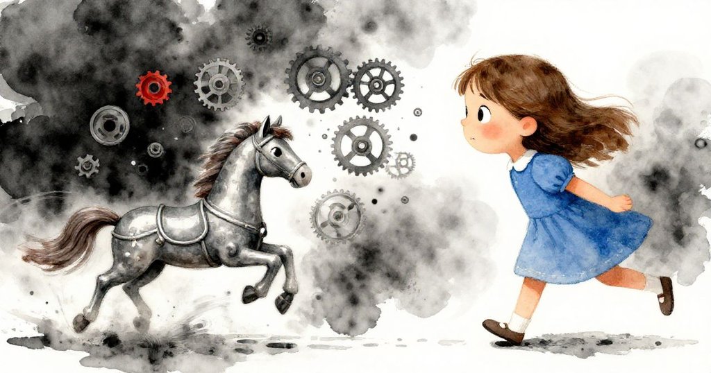 珍珠驚訝注視玩具馬躍起引發連鎖反應,小螺絲與齒輪飛舞,動感十足展現活力。