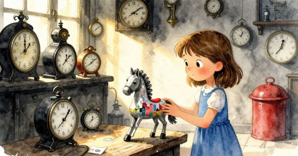 日落餘暉中,珍珠欣賞靜立玩具馬與隱藏畫城,老式時鐘環繞,營造溫暖寧靜的結局。