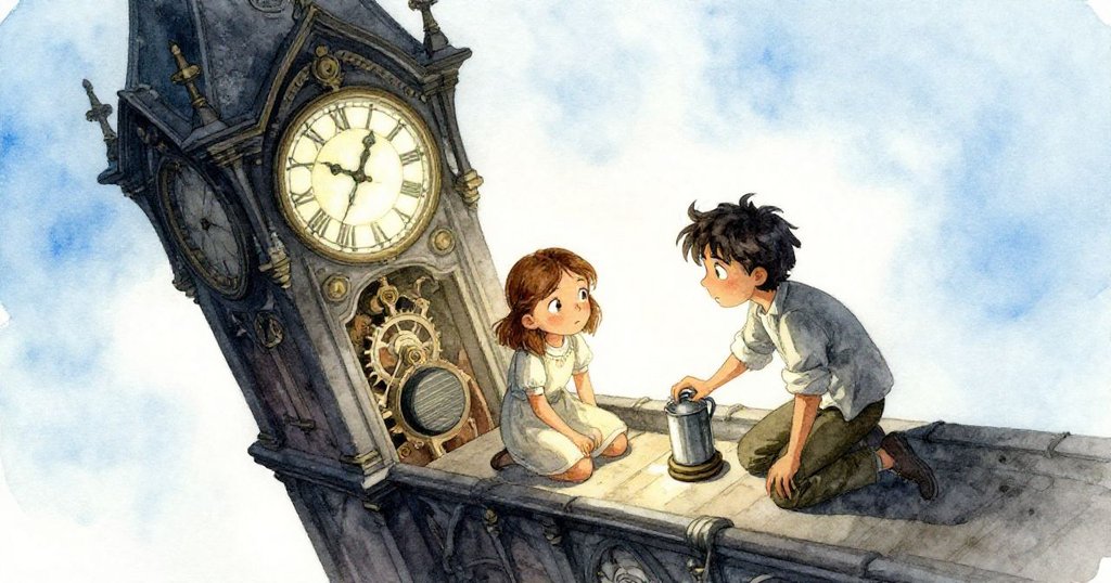 Nell驚奇地望向Felix跪在鐘擺旁，古老鐘樓中散發金屬與果香，鏡頭傾斜營造神秘氛圍。