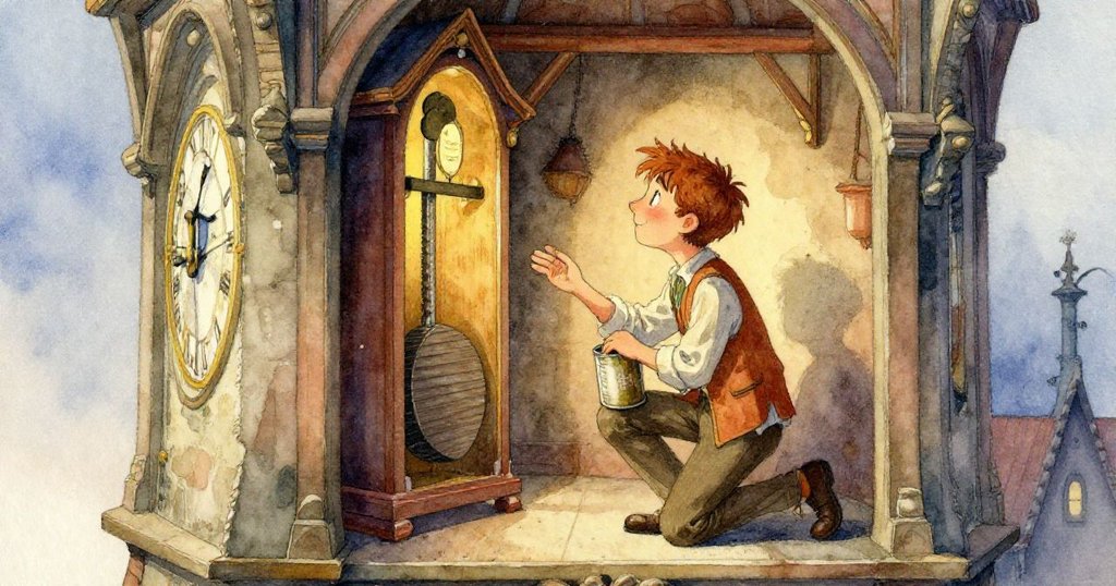 Felix的手扶著油罐特寫展現古鐘機械細節，金屬與果香交織突顯故事關鍵意義。