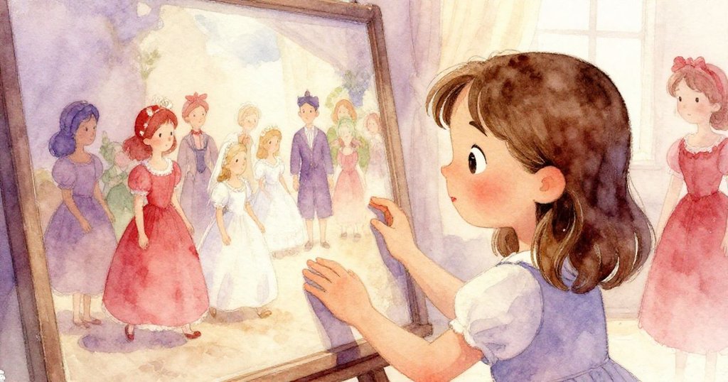 Nell凝望褪色婚禮畫板，柔和懷舊色調中展現過往慶典記憶，眼神流露既溫暖又憂傷。