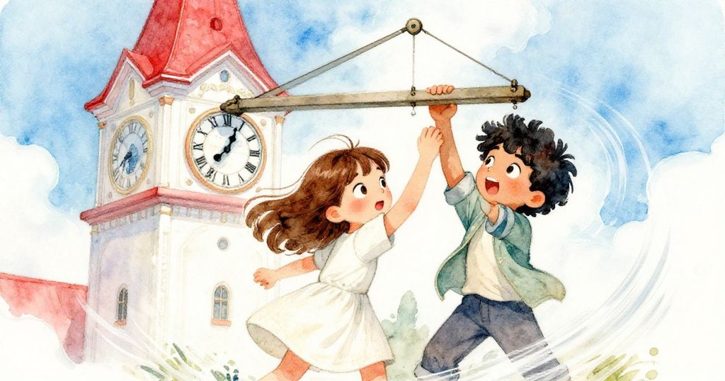 Nell與Felix齊心協力推動沉重梁樑，動態軌跡展現齒輪運轉與奮力拯救鐘樓的瞬間。