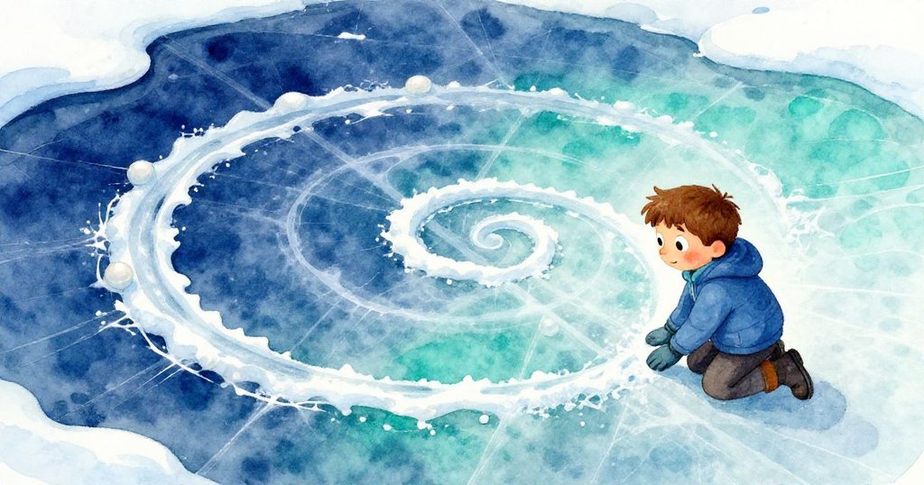 Felix在凍湖冰面上跪著觀察螺旋刻痕，冰面廣闊，冬天霧色環繞，他充滿好奇與溫柔情感。