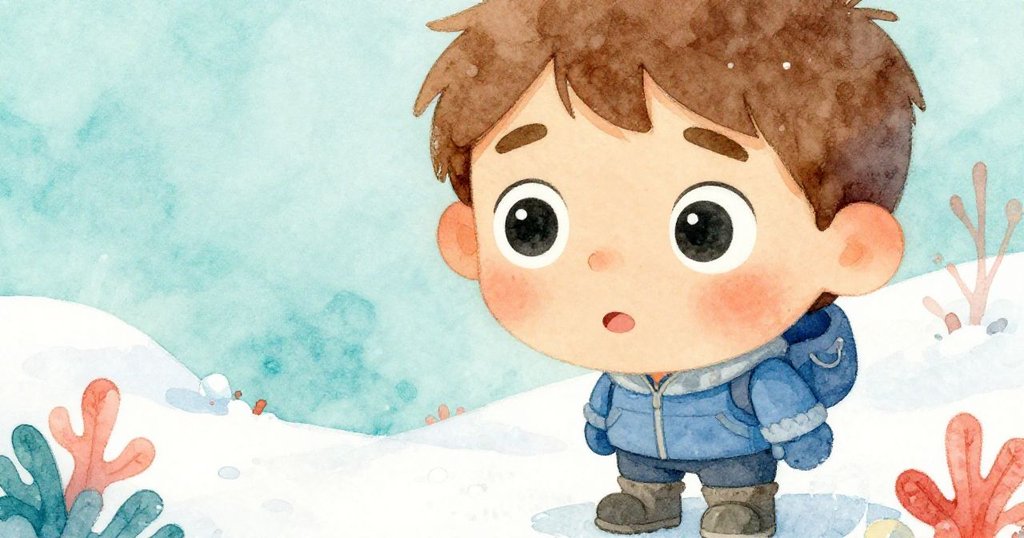 Felix凝視著冰上螺旋刻痕，眼神充滿專注與驚奇，背景映襯著冬季冰面與柔和光線。