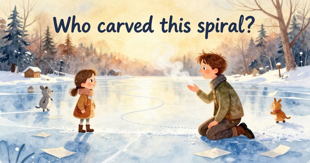 Felix伸出手套手輕觸冰面螺旋，視角傾斜展示細膩冰紋與水晶質感，充滿探索與驚奇情緒。