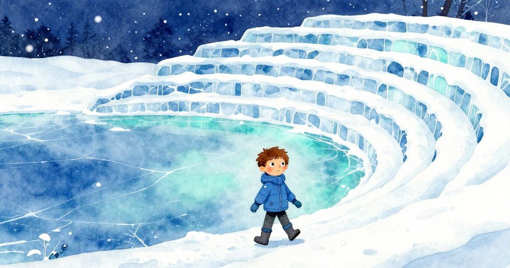 Felix沿著冰上螺旋小步前行，背景展示天然冰劇場與飄雪冬景，他小心前進，流露探索與堅定神情。