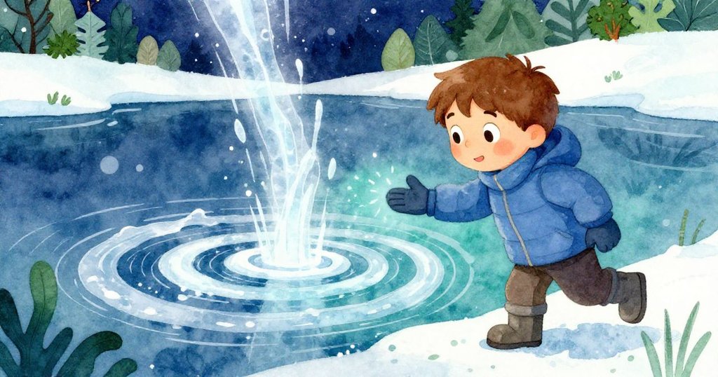 Felix將手掌輕壓冰面螺旋，感受自然低音韻律，冬日景致中傳遞著和諧與希望的禮物。