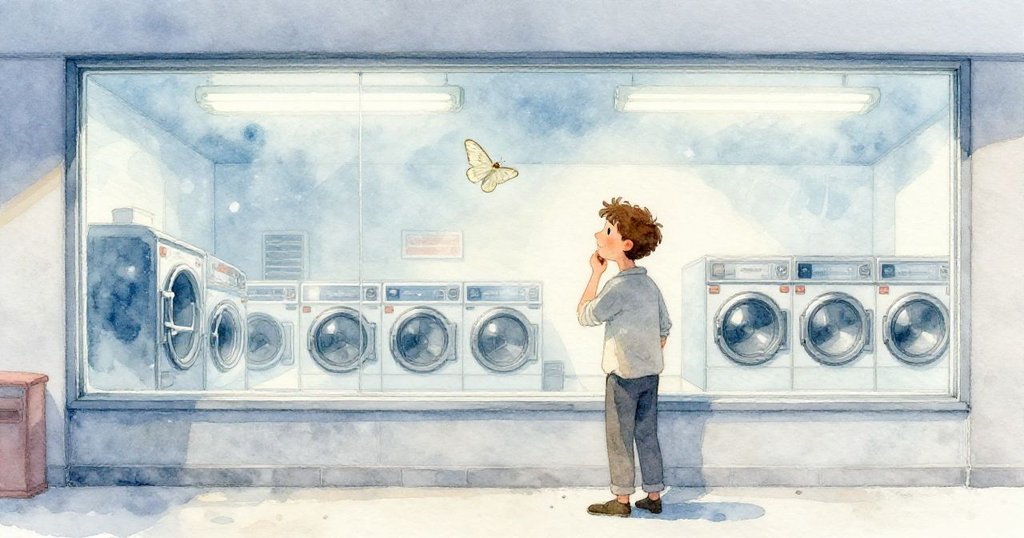 Wade站在洗衣店外透過玻璃注視著飛舞的蒼白蛾子，雨後濕潤傍晚與內部燈光交融，神情專注。