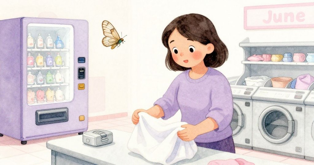 June在洗衣店內摺疊衣物，蒼白蛾子在她與自動販賣機間盤旋，柔和燈光下洋溢著溫暖與細膩情感。