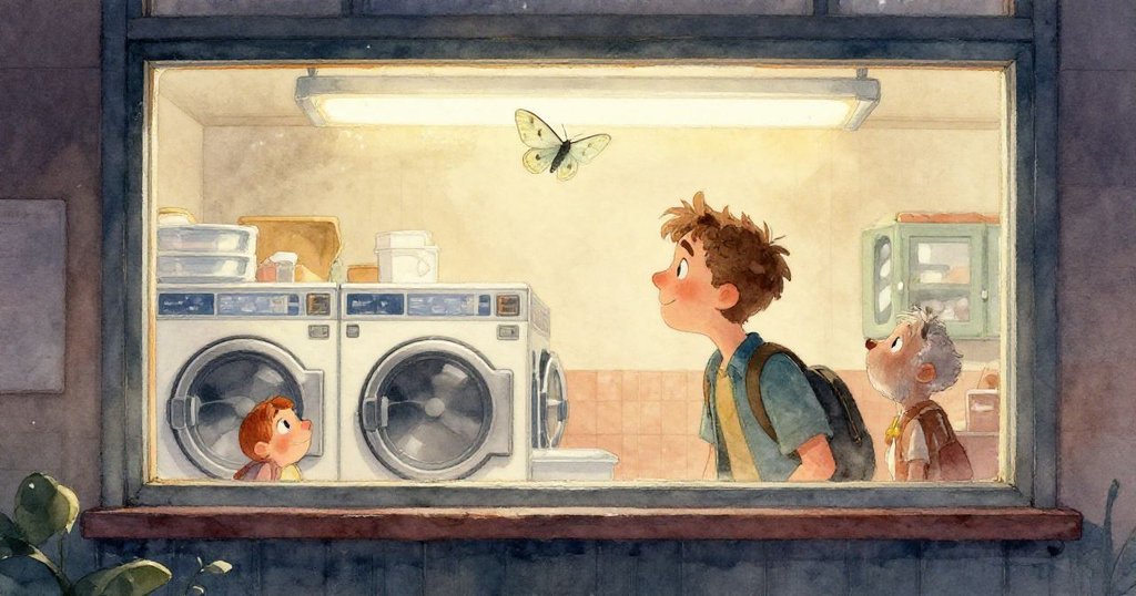 近拍呈現紙板蛾子躺在疊好的白色床單上，翅膀上印有褪色廣告，紙質紋理與布料細節清晰，靜謐而溫馨。