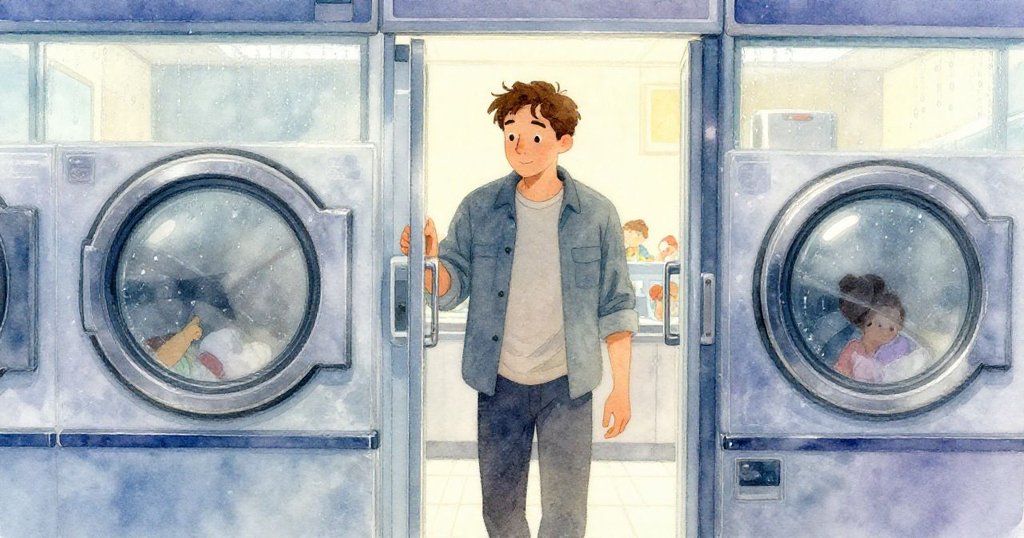 Wade手持濕包走向洗衣店門口，門上露珠閃爍，外面涼意與內部溫暖燈光交織，動作自然且充滿期盼。