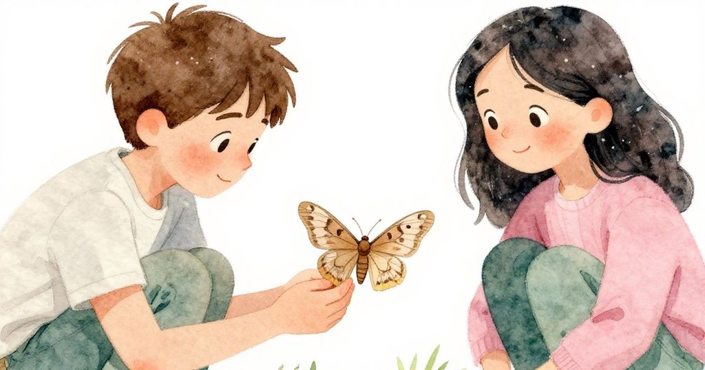 Wade蹲下仔細查看掉落的紙板蛾子，旁邊的June展露輕喜，紙翼閃爍著淡淡光芒，氣氛充滿微妙緊張與默契。