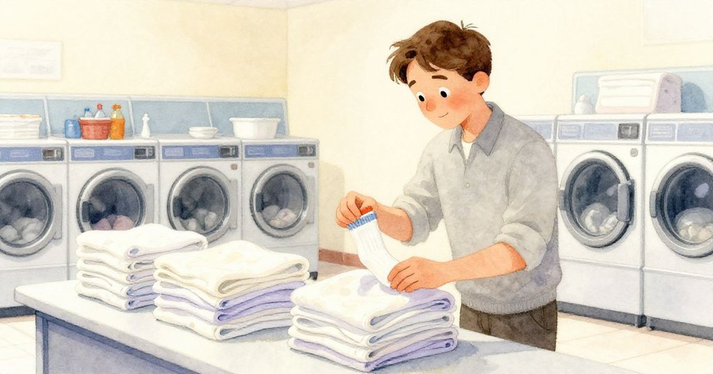 Wade回到摺疊桌前，輕輕將一隻襪子放在整齊疊好的床單上，燈光溫暖柔和，氛圍寧靜舒心。