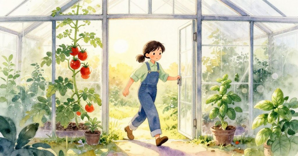 Suki在清晨走進玻璃門,踏入充滿濕氣與綠意的溫室,空氣中散發番茄藤與羅勒香氣,神情充滿期待。