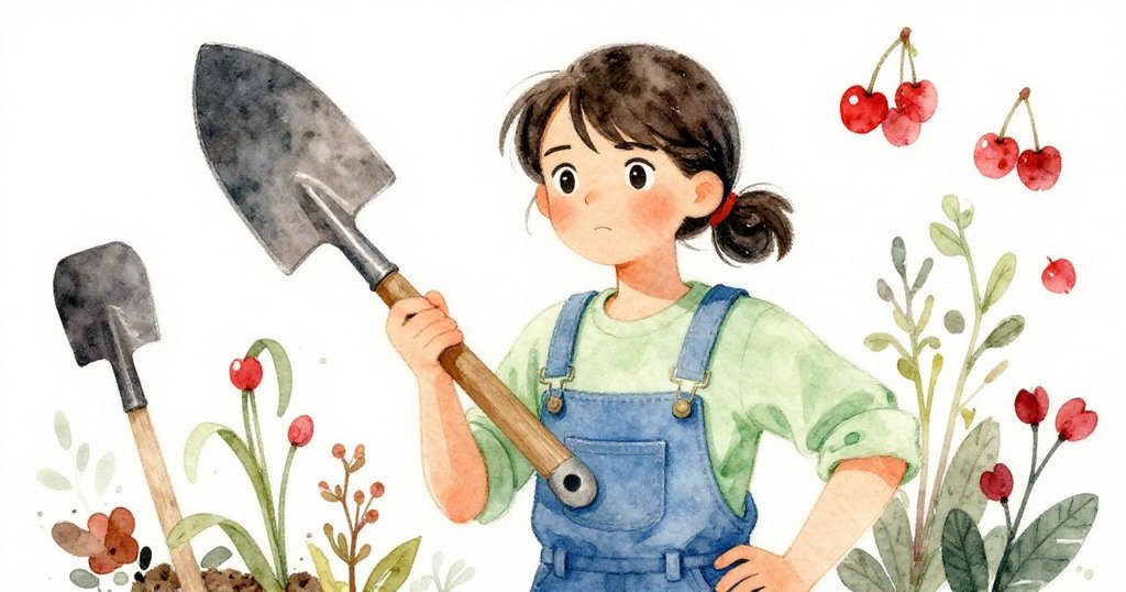 Suki低角度仰望,舉著鋼製鏟子,眼神中充滿堅定與決心,背景展現整齊的工具與初生的花草。