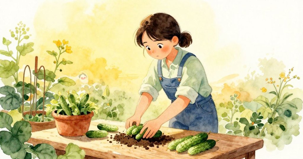 Suki在黃昏時分忙碌於作業桌前,迅速綁著黃瓜並添上新土,夕陽餘暉灑落現出溫暖琥珀光芒,彰顯時間流逝。