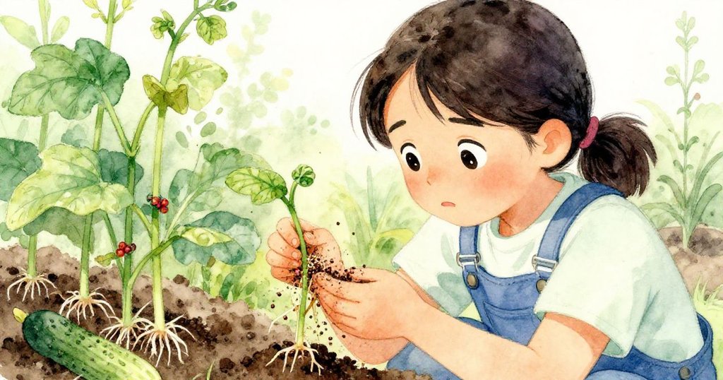 Suki專注地觀察混亂交織的藜麥幼苗與黃瓜根,指尖輕觸濕土,臉上流露出既疑惑又堅定的情感,場景充滿自然挑戰。