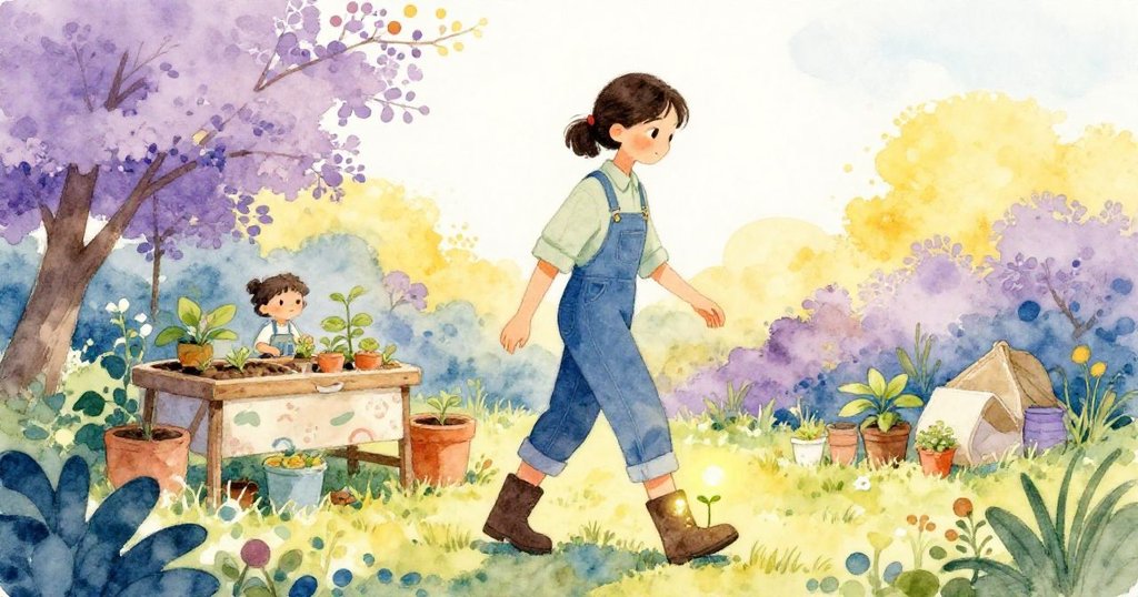 Suki在傍晚離開工作區,步伐堅定且帶著溫柔告別,鞋上微光閃爍的藜麥幼苗象徵著大自然的不屈精神。