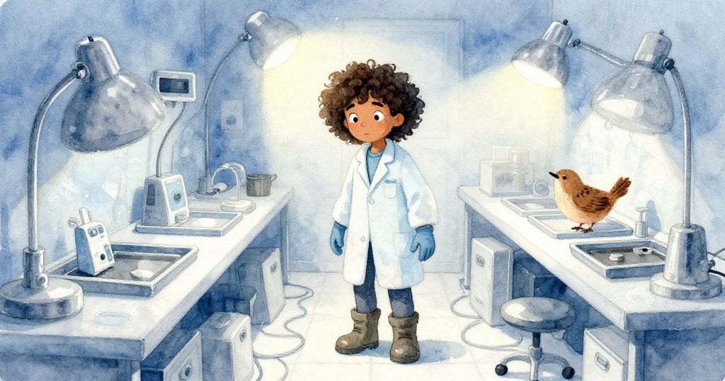 Wren在充滿冰藍與銀灰色調的暗房中穿梭，環境擺滿托盤與電線，她表情專注，神情充滿神秘感與緊張期待。