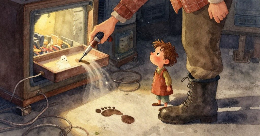 Wren蹲在光滑的混凝土地面前，仔細觀察一個孤單的腳印，周圍環繞著淡紫與柔粉色調，透露出探索中的疑惑與好奇。