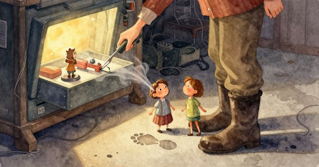 Wren透過第一人視角，手持測試紙在紅光下檢視，發現模糊的鞋底影像，神情既驚訝又專注，環境呈現銀灰與松綠色。