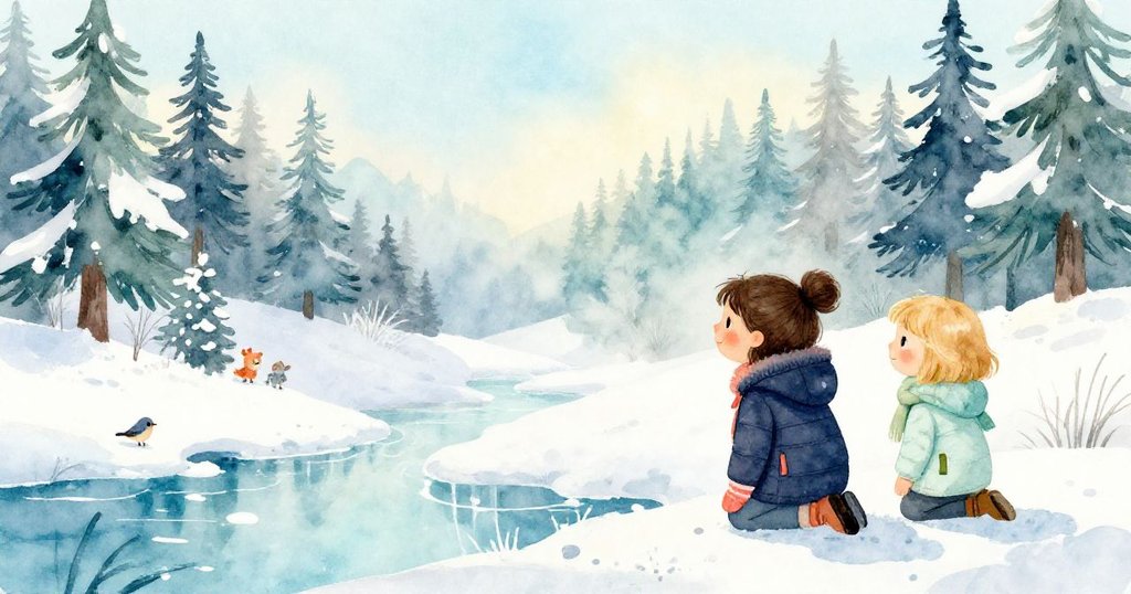 奧利芙站在白雪覆蓋的堤岸上，注視著快樂蹲在結冰湖面旁，背景有冬季小動物與松樹，神情充滿期待與好奇。