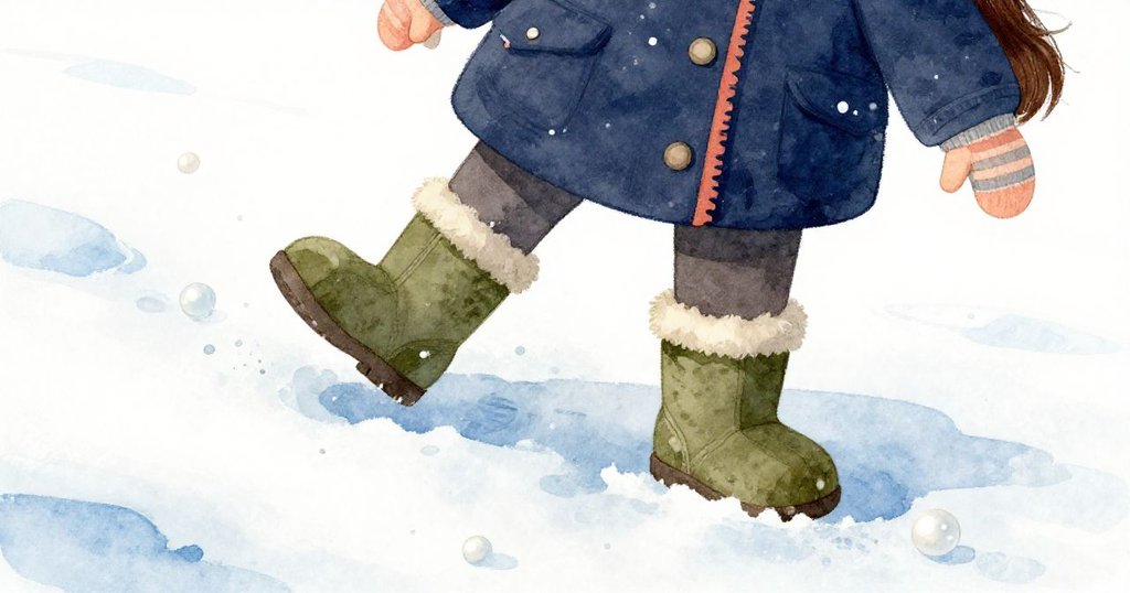 奧利芙踏上結霜冰面，細緻展現腳印與鞋跡，神情專注且堅定，背景冰雪紋理清晰，呈現冒險起步。