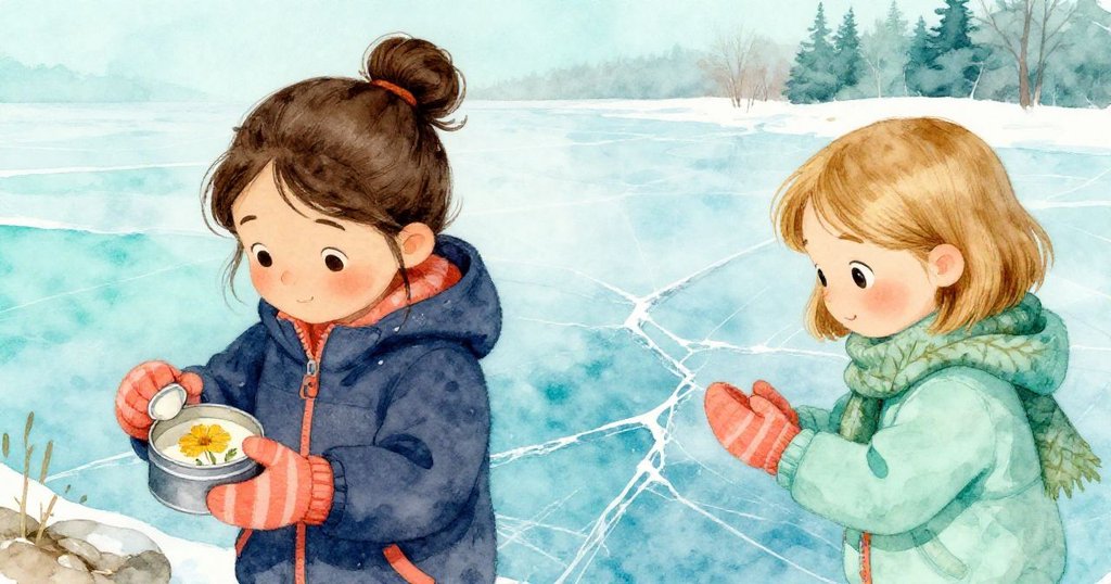 快樂蹲著小心打開鐵盒，露出微光奶油花，奧利芙注視冰面裂紋，兩人表情溫柔且懷舊。