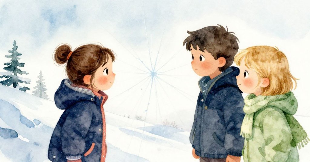 冰面上金光閃爍映出淡淡路徑，奧利芙與快樂凝神注視，現實與回憶交織，溫情滿懷。