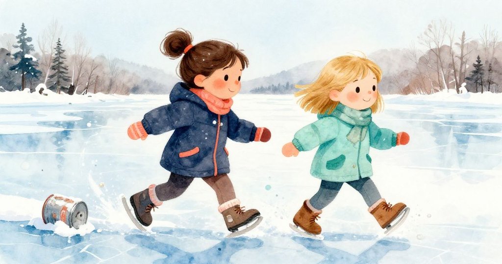 奧利芙與快樂急行於冰面，留下清晰腳印，雪塵飛舞環繞遺棄鐵盒，展現探索與緊張情緒。