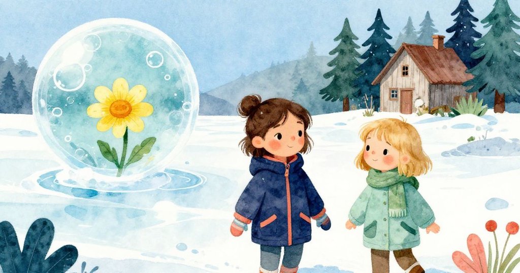 奧利芙與快樂並肩走向隱約出現的小屋，冰面上泡泡映照奶油花，前景寬闊路徑展開，充滿冒險期待。