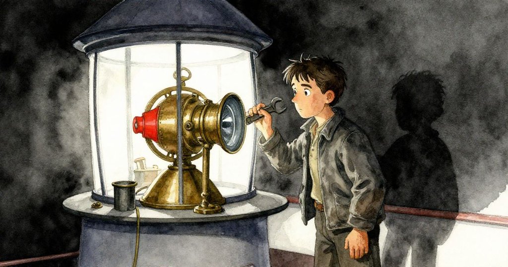 燈塔內部古舊的燈室中，Grant手持斑駁銅扳手，神情專注準備作業，背景有銅製構件與深邃陰影，充滿靜謐氣氛。