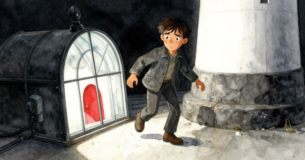 在古舊燈塔的石地板上，Grant踏著堅實步伐前行，靠近拱形玻璃鏡面，地板斑駁且透露時間痕跡，神情堅定。