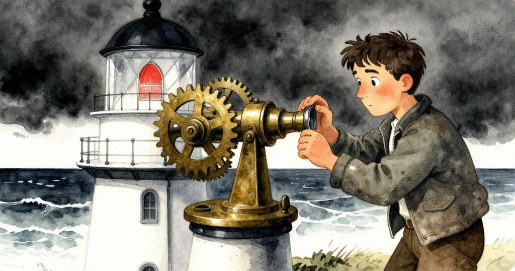 Grant專注調整銅扳手於旋轉燈盤上，前景展現精細手部特寫，中景齒輪細節，背景隱約見暴風海景，層次分明。