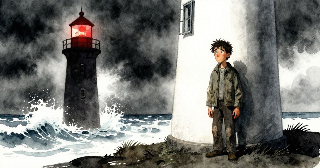 燈塔內部中景，Grant站在小窗旁凝望外面拍打的海浪與暗沉天空，神情中流露堅毅與懷舊，風雨襲面。