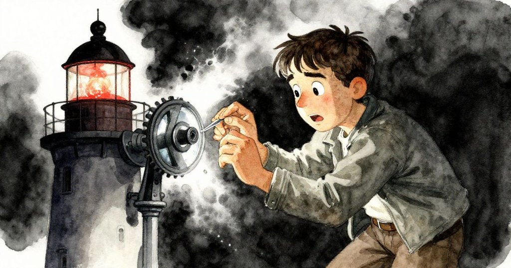 在齒輪暫停時，Grant用指尖細觸卡住的薄裂片，臉上既驚訝又堅定，燈塔內機械細節清晰呈現轉機瞬間。