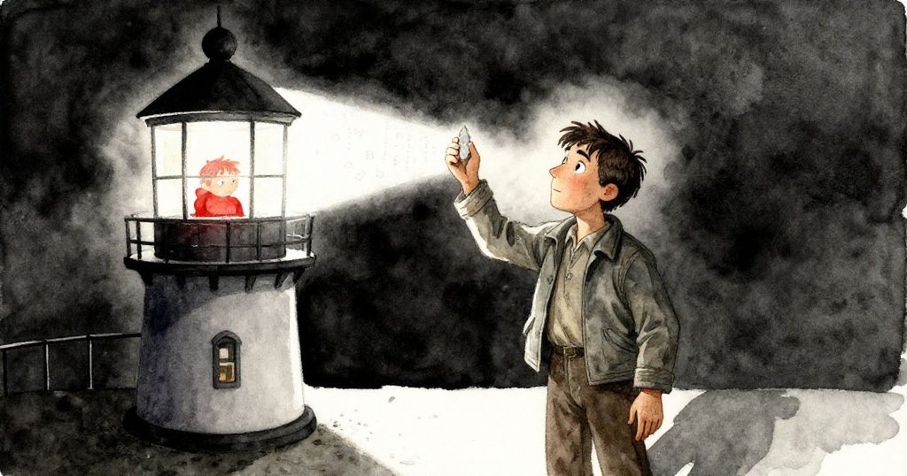 夜幕中，Grant手持刻有數字的薄裂片對準光束，站在燈塔寬闊燈室內，神情凝重且充滿冒險氣息，暗示未來可能。