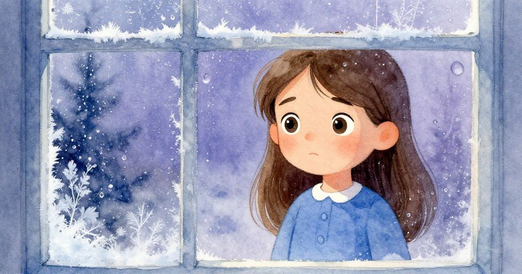 艾莉莎透過滿布露水的玻璃凝望窗外寒霜,水珠交織著室內溫暖與外界清冷的對比。