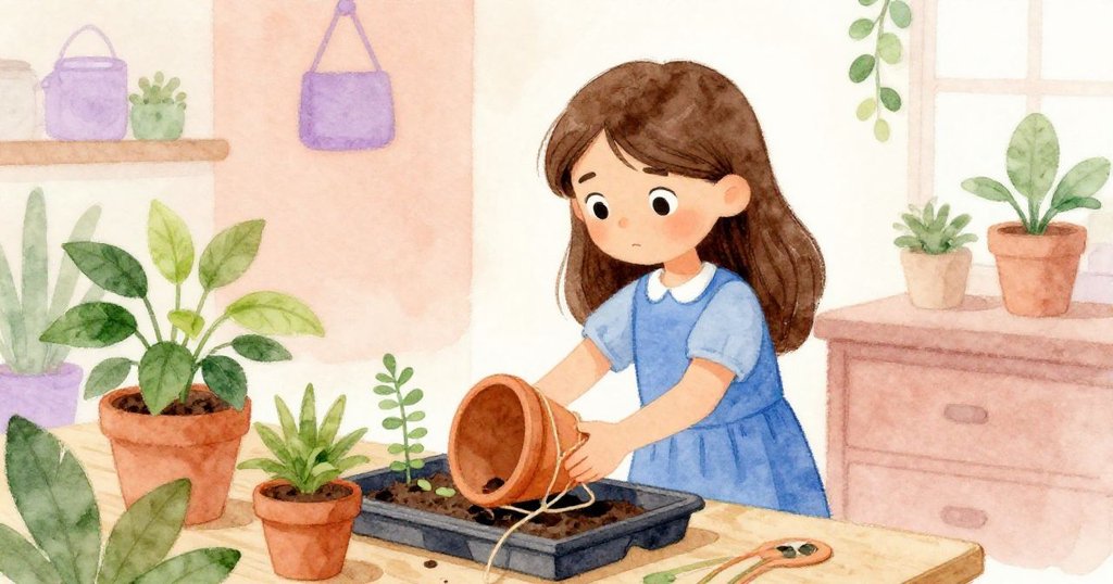 艾莉莎在室內工作間中細心重整植物盤,運用繩子支撐傾斜的盆栽,動作中透露出創意與溫柔。