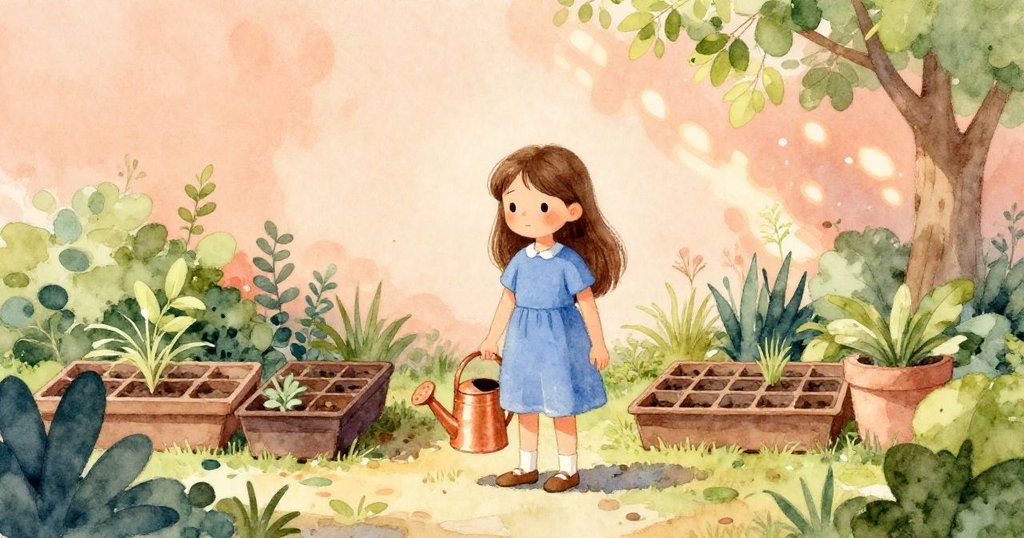 艾莉莎在金色夕陽下滿意地欣賞著精心佈置的花園盤景,柔和光影映襯著她臉上流露的成就與平靜。