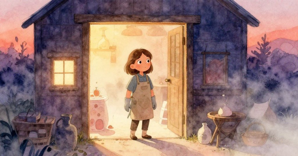 Grey站在工坊門口，感受蒸氣與溫暖光影交織，驚訝於老爐口蒼白的光芒，散發著微妙不安。