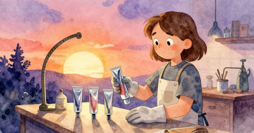 Grey在工作臺前仔細檢查新式管子，舊吹管缺失形成強烈對比，工坊中溫暖與斑駁光影交織出疑惑情感。