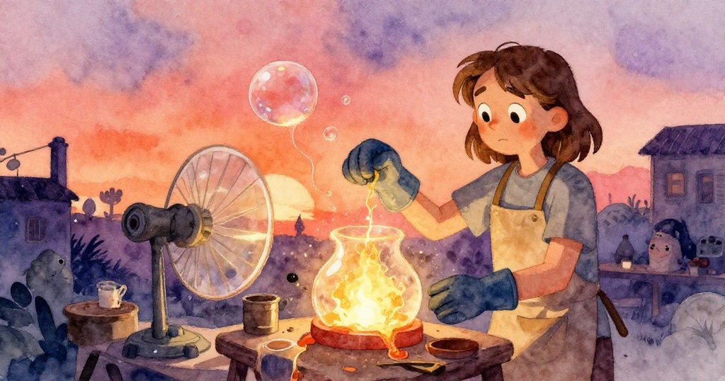 Grey在熔爐旁收集熔玻璃，背景風扇不規則旋轉、光泡顫動，呈現時光流轉中劇烈轉變的情感。