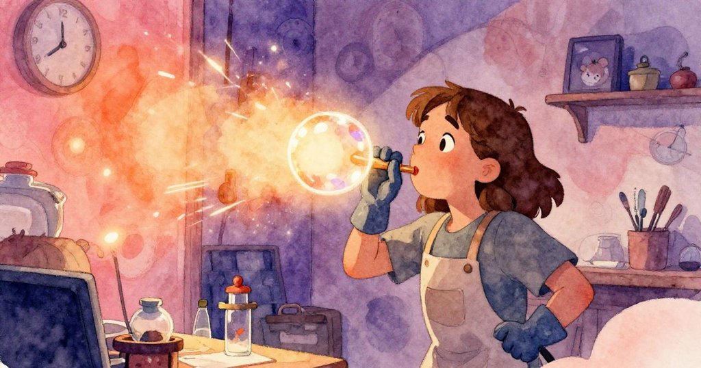 Grey全神貫注操控吹管塑形發光球，工作室牆上微妙計時聲營造出強烈動態轉變及專注氣氛。