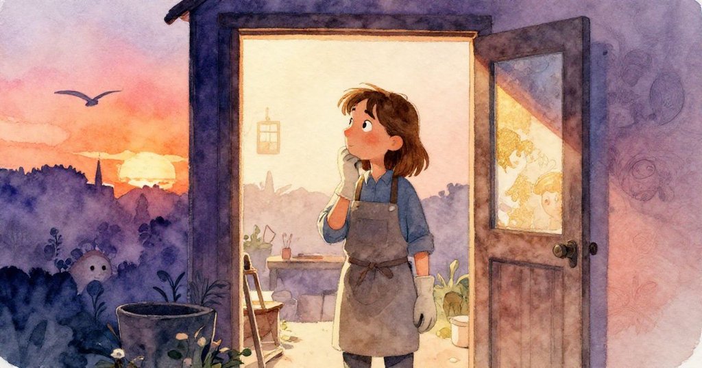 Grey站在敞開的門前，晨風輕撫著溫暖工坊，臉上流露出懷舊與平靜交織的最終釋然情感。